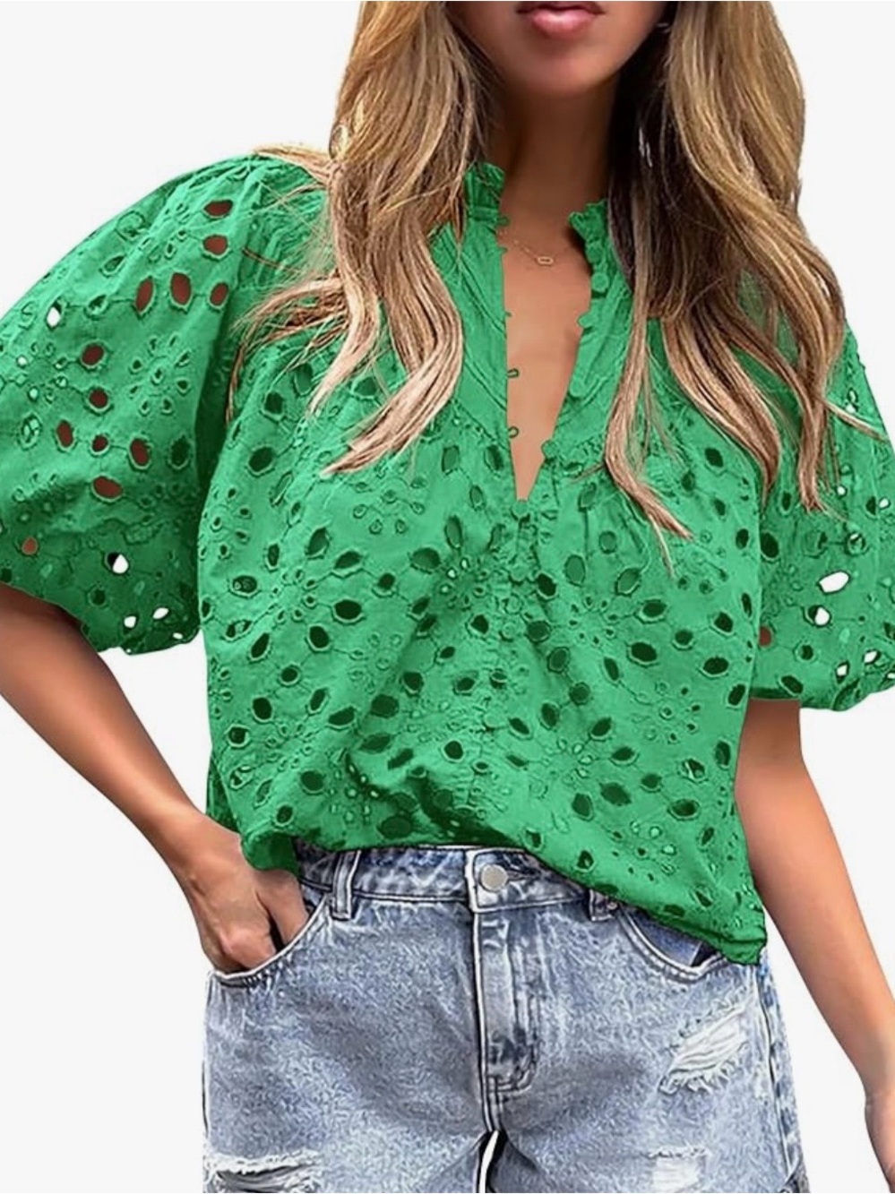 Pretty Garden Green Eyelet Puff-Sleeve Women's Top, size M, like new